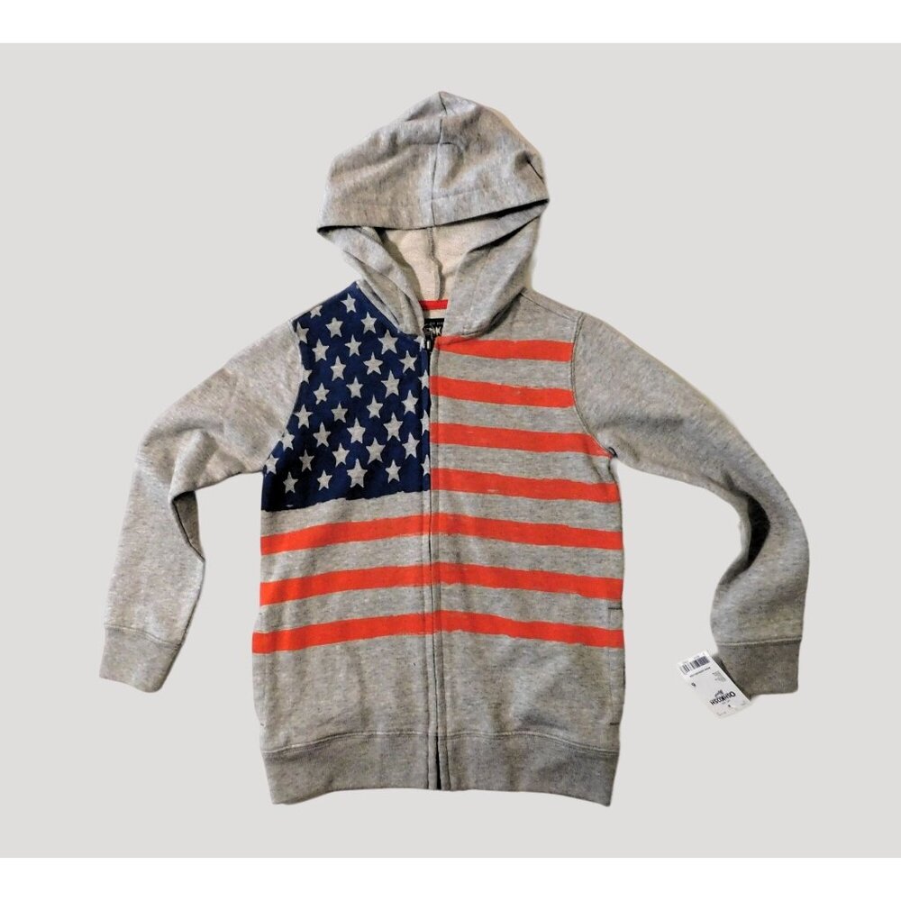 OshKosh Bgosh Kids American Flag Hoodie Size 6 Full Zipper Gray Cotton Blend New